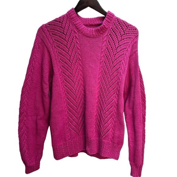𝅺handmade Hand Knit Fucshia Pink Crew Neck Sweater Size L - Picture 3 of 9